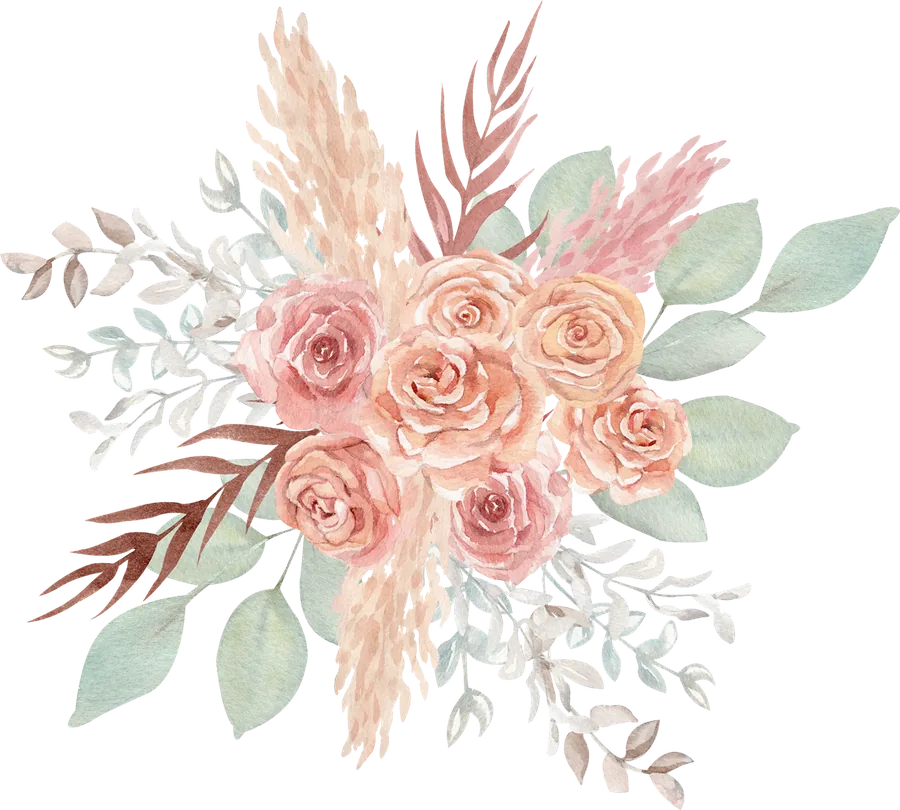 Ilustração em aquarela de um buquê com rosas em tons de pêssego, folhagens e capim-dos-pampas